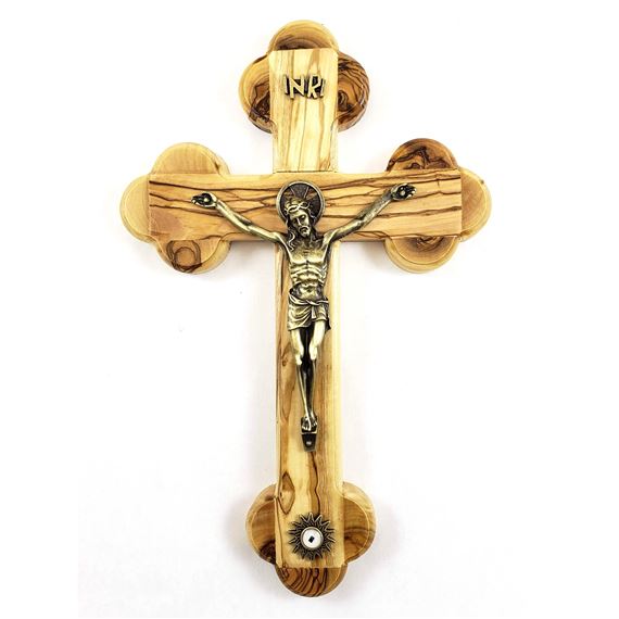 LARGE OLIVE WOOD CRUCIFIX WITH CLOTH TOUCHED TO JESUS' TOMB